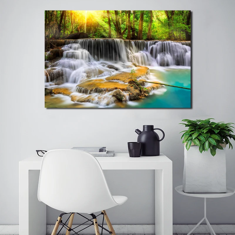 

Bright Sun Forest Trees Waterfall Wall Art Canvas Poster And Print Canvas Painting Oil Decorative Picture Living Room Home Decor