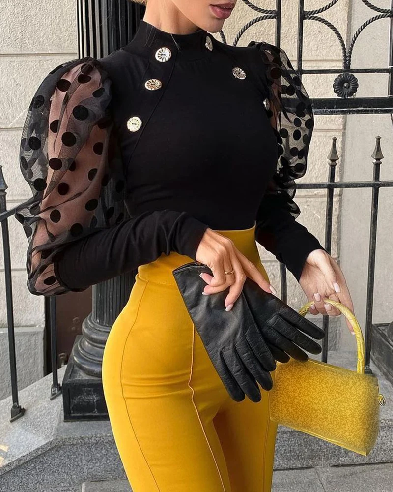 Autumn Women Dotted Sheer Mesh Top 2021 Femme Solid Button Deco Half Collar Puff Sleeve y2k Tunics Lady Trench Blouse Outfits