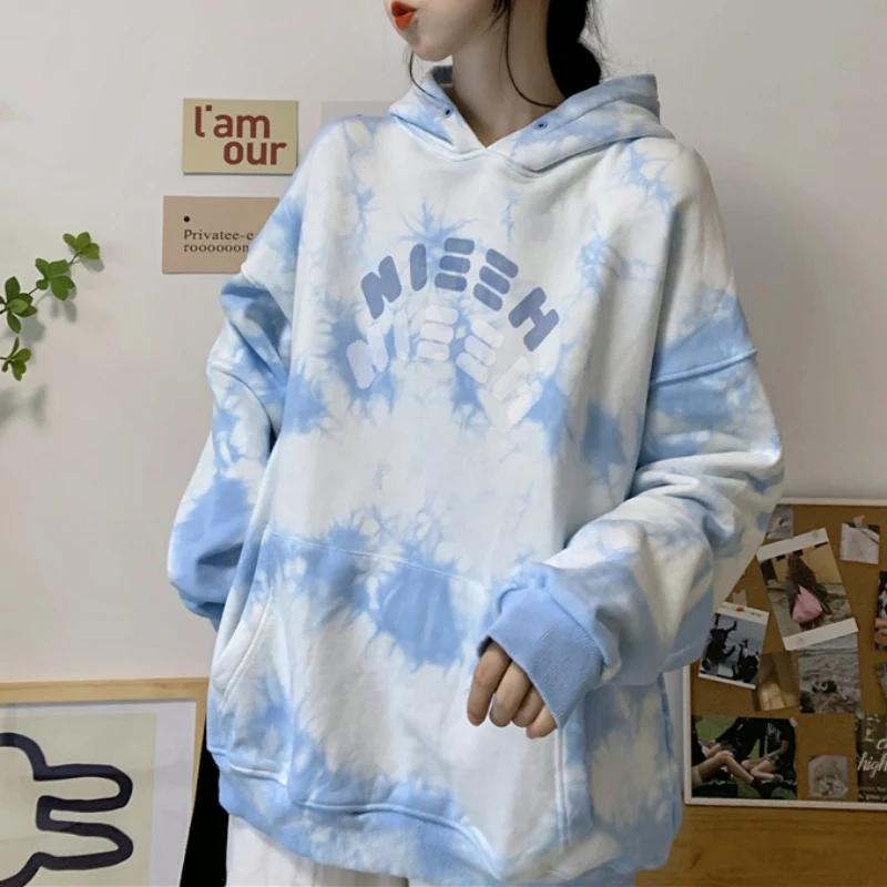 

JMPRS Tie Dye Women Hoodies Autumn Loose Hooded Sweatshirt Print Oversize Casual Korean Pocket Fashion Harajuku Tops