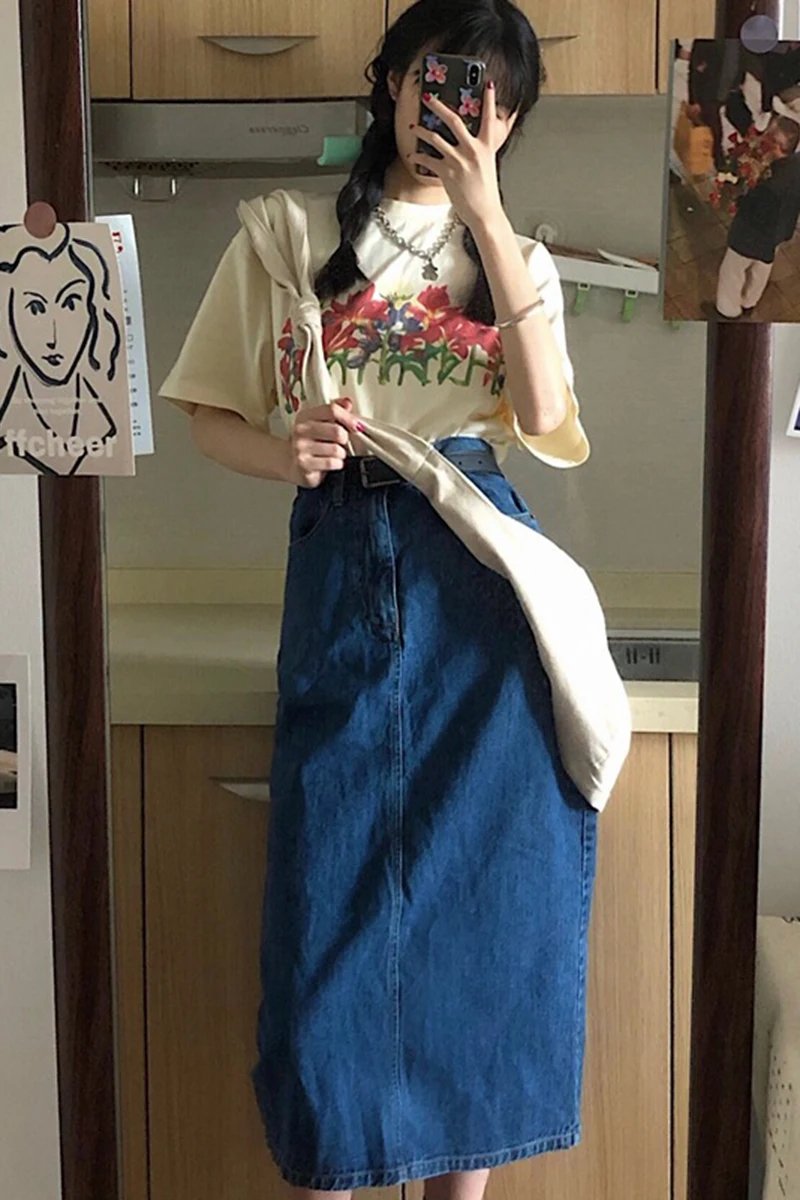 

Denim skirt women's long spring and autumn split skirt long skirt half skirt high waist show thin temperament half skirt