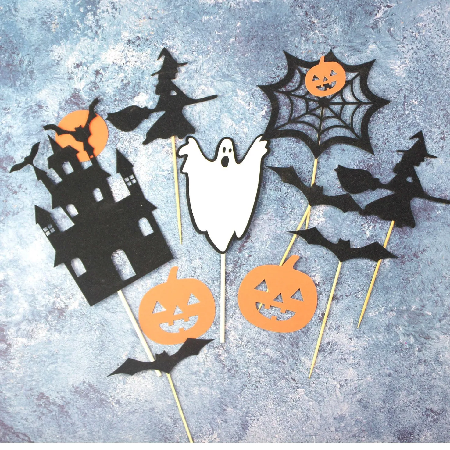 

Happy Halloween Cake Topper Pumpkin Ghost Bat Witch Castle Black Cat Horror Cupcake Toppers Halloween Party Baking Decoration