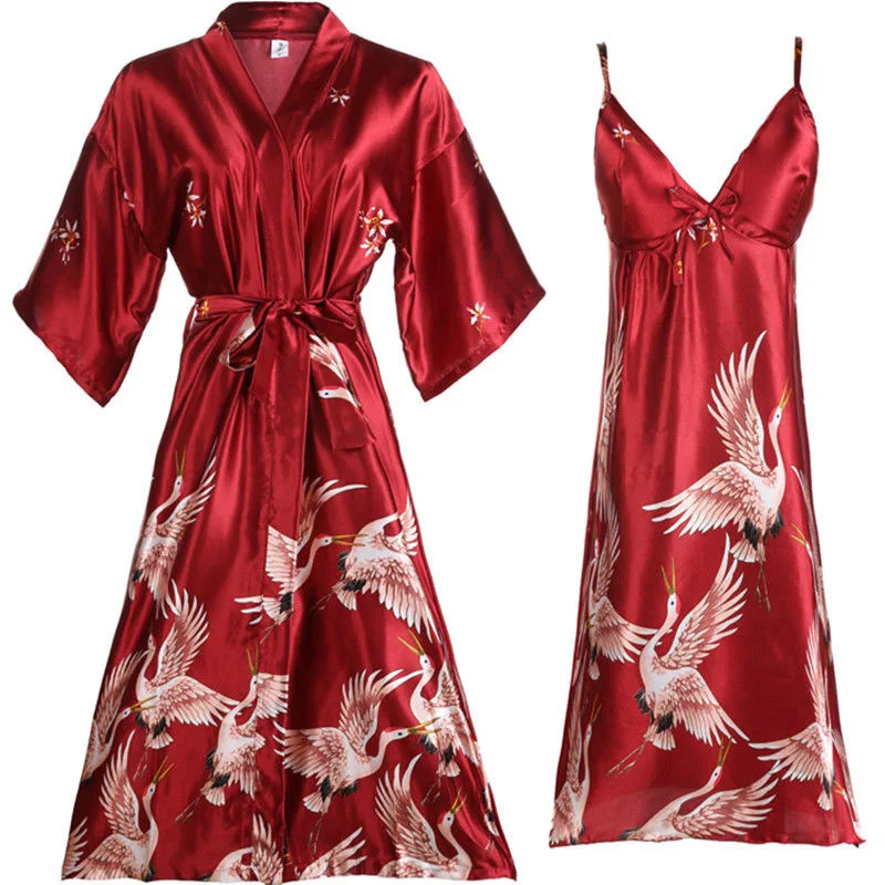 

Print Sexy 2PCS Kimono Robe Set New Arrival Sleepwear Satin Women Home Clothing Intimate Lingerie Casual Burgundy Home Clothing