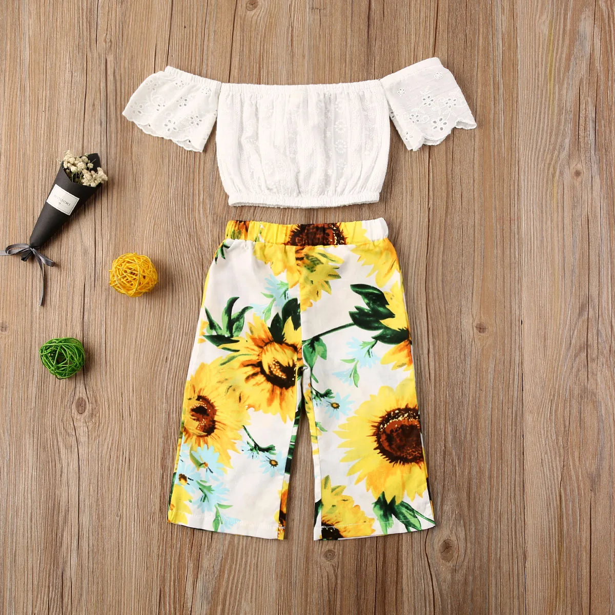 

Summer Toddler Baby Girl 6M-4T Clothes Lace Crop Tops Sunflower Pants 2PCS Outfits