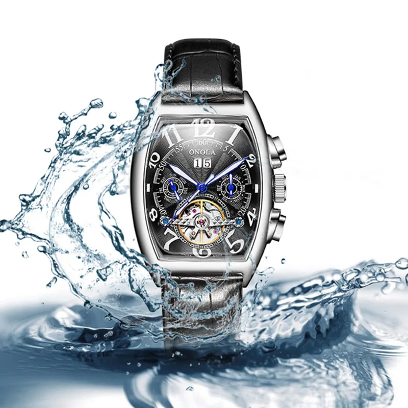 Классический дизайн, автоматические мужские часы, Tourbillon, механические часы со скелетом, мужские, с защитой от ветра, водонепроницаемые, кожаные, Relogio Masculino