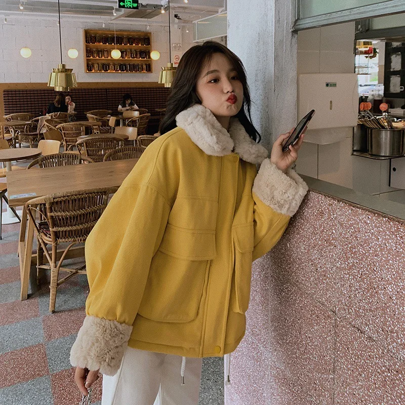 

Autumn and winter lamb wool coat female students Mori Korean style loose cotton jacket Hong Kong style cotton clothing tide