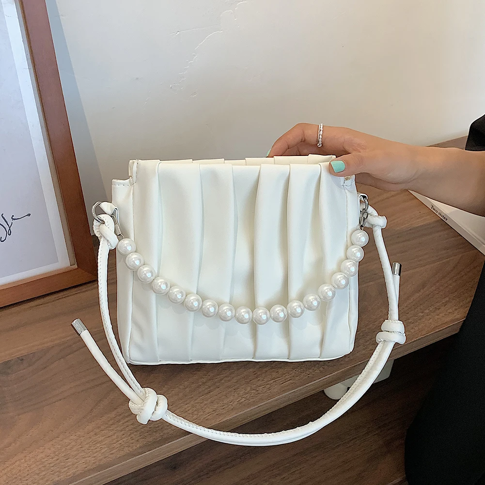 

Women New Fashion Pleated PU Leather Underarm Shoulder Bags Casual Pearl Chain Ladies Vintage Solid Color Top-Handle Handbags