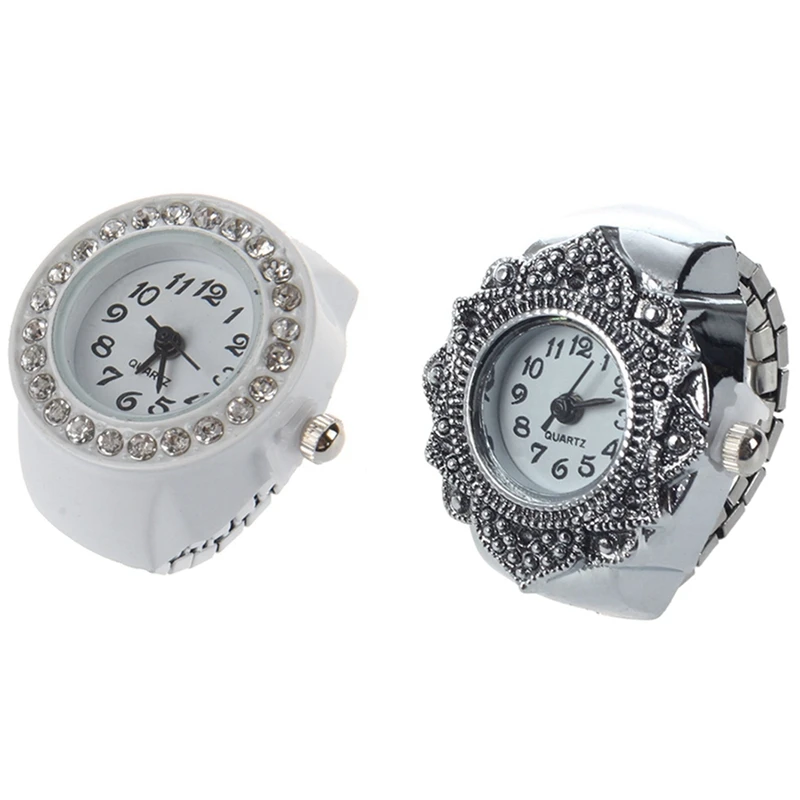 

2 Pcs Finger Ring Watch Chic for Ladies, White & Silver Color