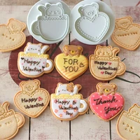 2pcsset bear cat hug love heart shape biscuit mold valentines day 3d cartoon press cookie mold baking tools dessert decoration