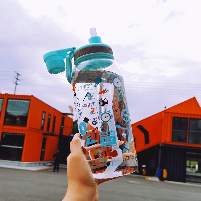 AIWILL Glass Water Bottle Large Capacity Bike Pattern Straw GIRL'S bottles Creative Cute with Measuring 350/500/600/1000ml | Дом и сад