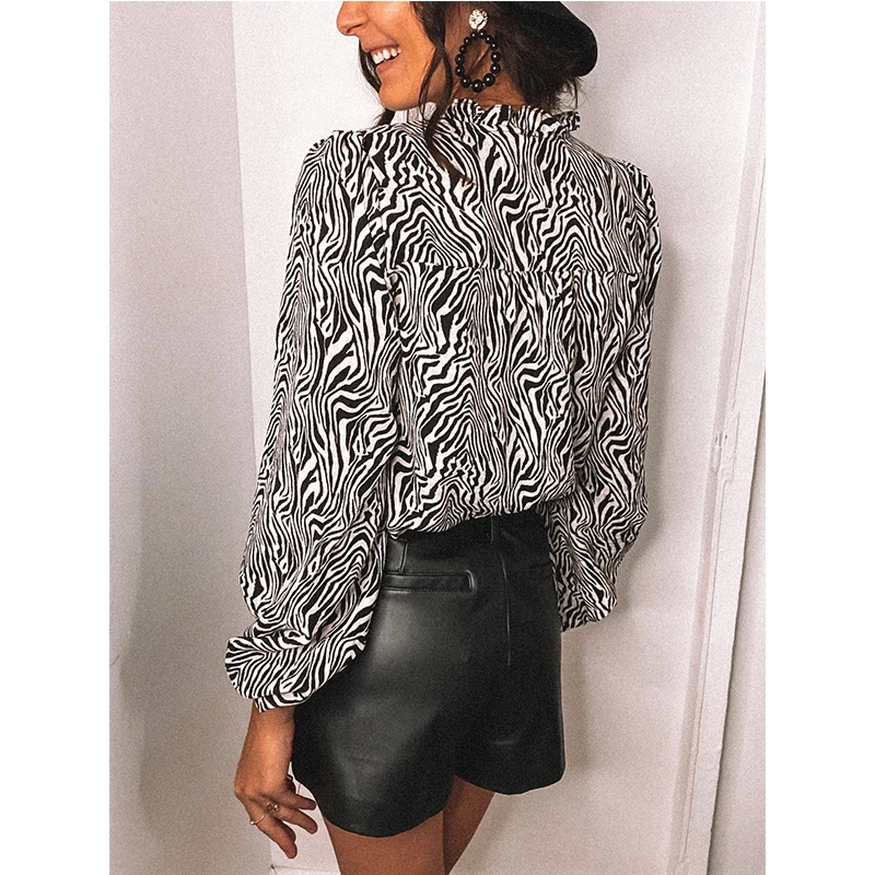 

Women Blouses Office Shirts Casual Loose Long Sleeve Sexy V-Neck Tops Zebra Print Blusas Lace Splice Autumn Spring Female Shirt