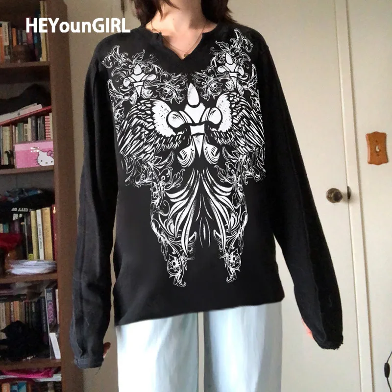 

HEYounGIRL Mall Goth Harajuku Oversized T Shirt Women Casual Loose Long Sleeve Tee Shirt Femme Black Print Punk T-shirt 90s
