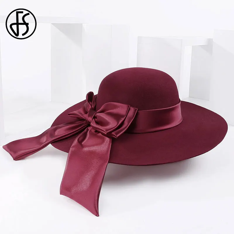 FS Winter Wool Hats For Women Black Felt Wide Brim Fedora Hat Fashion Large Bowknot Top Church Cloche Cap Sombreros de mujer | Аксессуары