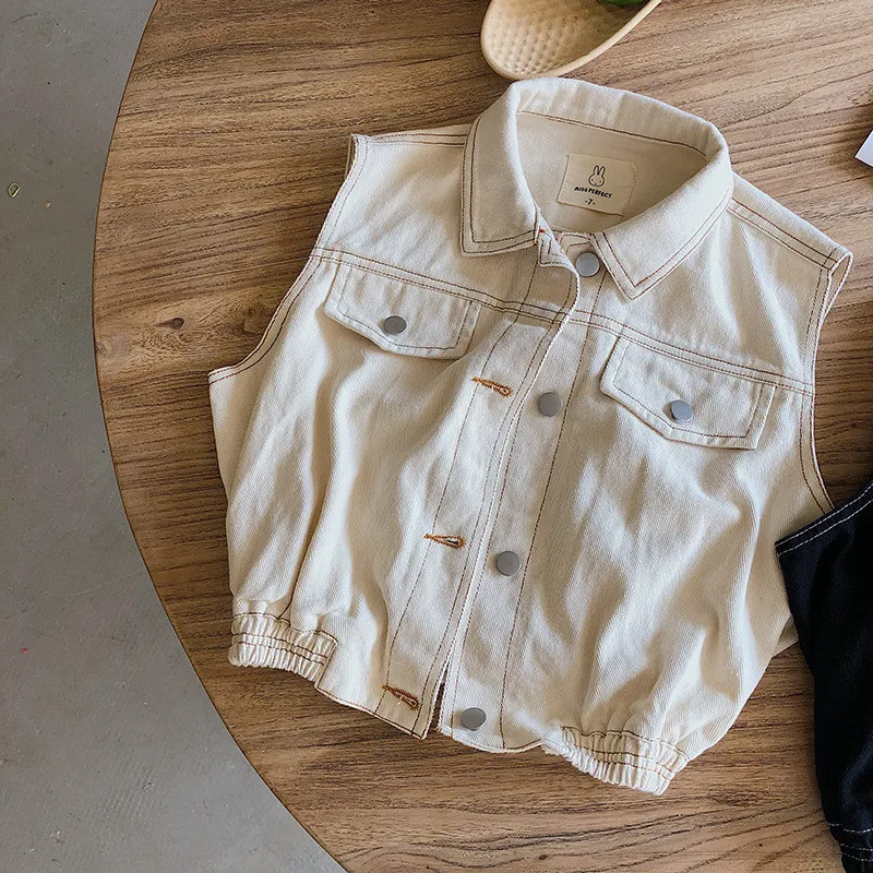 Детский джинсовый жилет однобортный с воротником лацканами в Корейском стиле