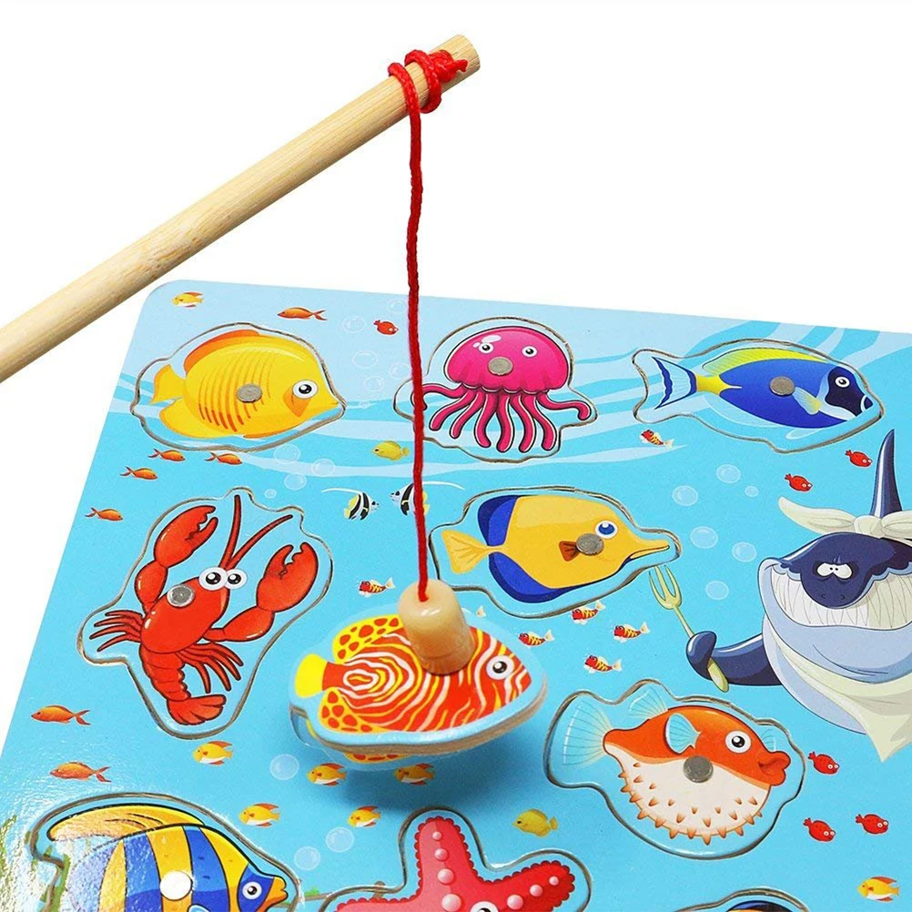 Детские развивающие игрушки Магнитные деревянные пазлы с 14 рыбами и 2 магнитными