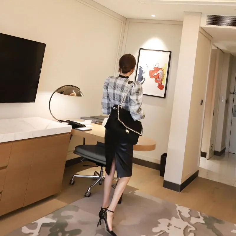 Элегантный корейский стиль 2 шт. костюмы женские осенние клетчатые топы с принтом