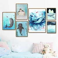 wall art canvas painting ocean whale fish turtle shark dolphin nursery nordic posters prints wall pictures baby kids room decor