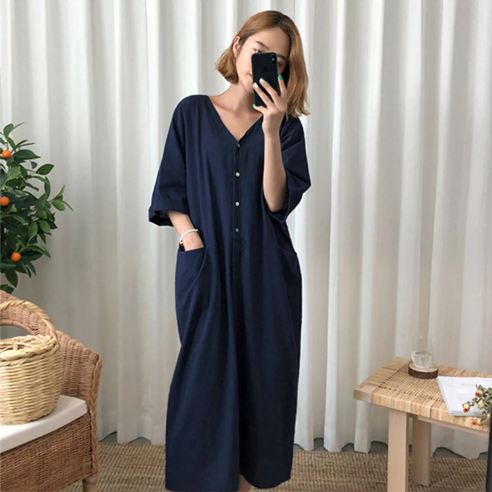 

Japan Style Oversize Korean Fashion 2021 Summer Women's Dress Loose Casual Simple Backless Single-breasted V-neck Solid Color