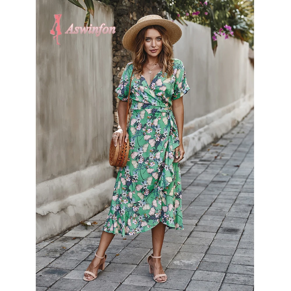 Женское длинное платье Aswinfon летнее богемное с цветочным принтом женское
