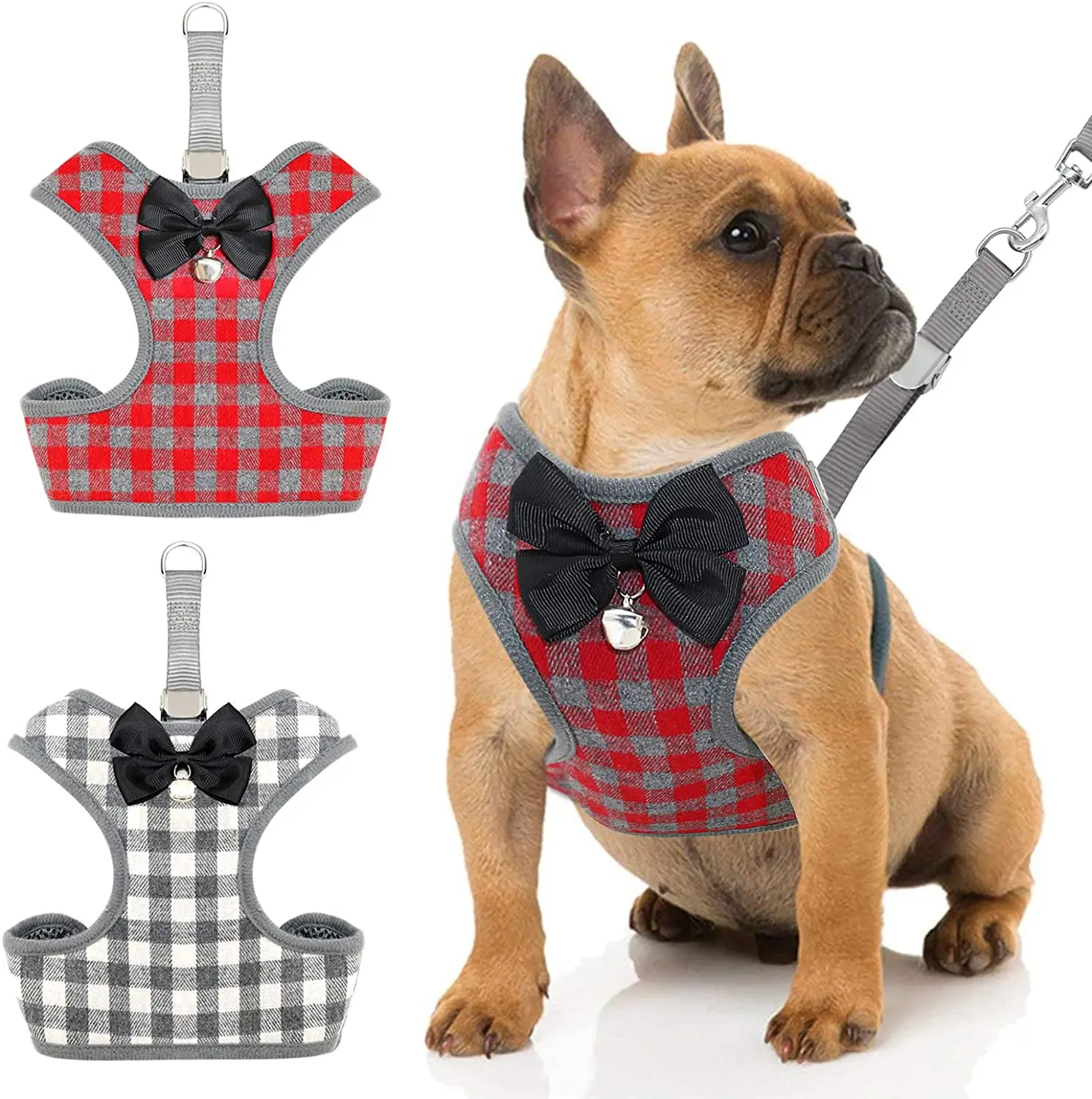 

Plaid Dog Harness Leash Set Soft Mesh French Bulldog Pet Vest Harness With Cute Bow Tie Bell for Small Medium Dogs Cat Walking
