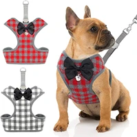 plaid dog harness leash set soft mesh french bulldog pet vest harness with cute bow tie bell for small medium dogs cat walking