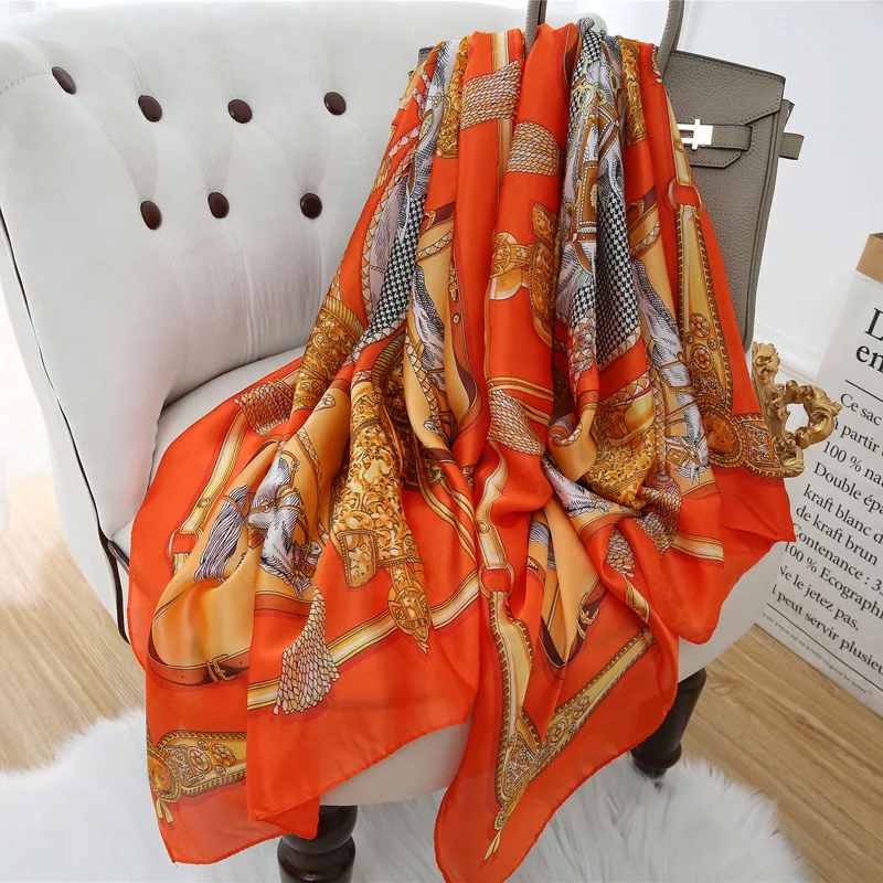 

2021 Luxury Brand Summer Women 180X90CM Scarf Camellia Silk Scarves Female Sunscreen Shawls Female Echarpe Wraps Prints Bandana