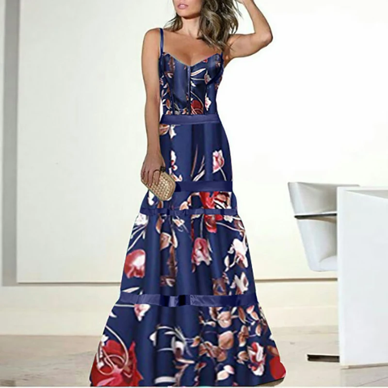 

Women Sexy Charm Ladies Slim Fit Elegant Summer Dress Vintage Patchwork V-Neck Sleeveless Club Dress Floral Printed Long Dresses