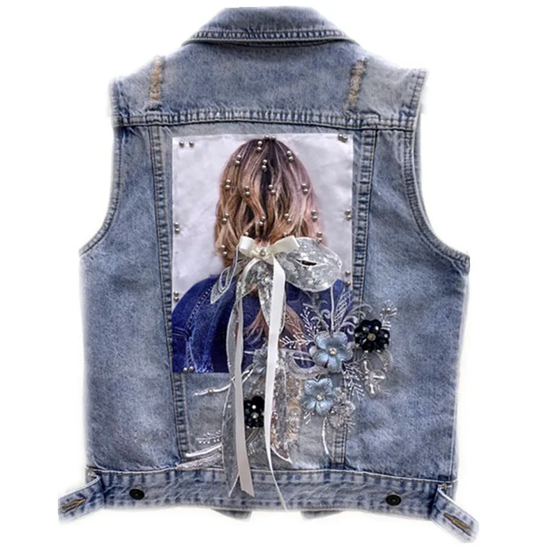 

Vintage Blue Denim Vest Women Sleeveless Jacket Coat Beaded Flowers Print Frayed Waistcoat Short Jeans Vest Female Outerwear 193