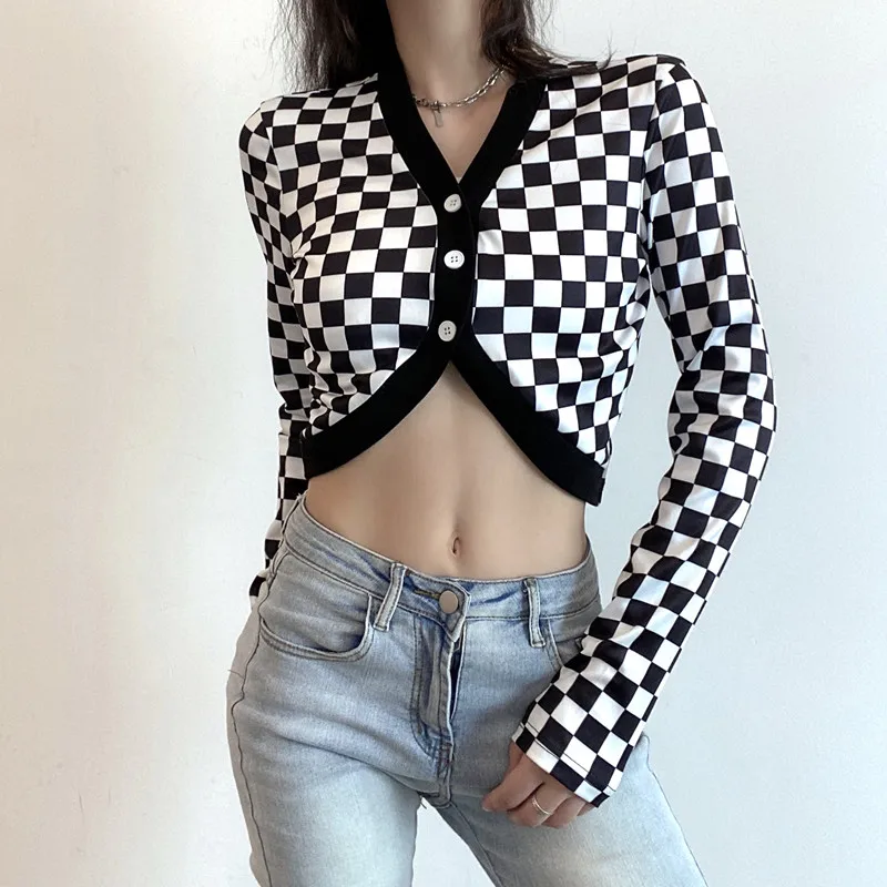 

Осенний вязаный свитер с V-образным вырезом и длинным рукавом, укороченные топы, женские повседневные черные рубашки в клетку, Женский Сексу...