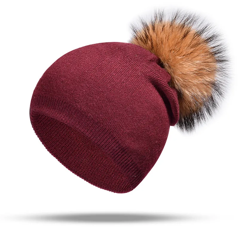 

Women's Plain Beanie Hat with Real Fur Pompom Winter Wool Knitted Slouchy Beanies for Ladies Raccoon Pompon Skullies&Beanies