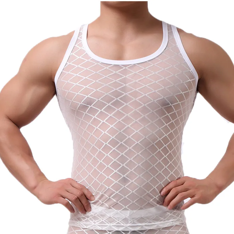 Нижнее белье для мужчин прозрачная сеточка дома безрукавка фитнеса повседневное