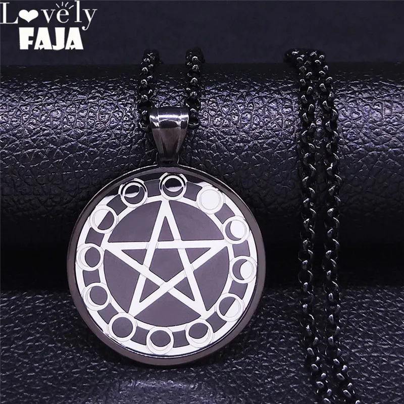 

2021 Witchcraft Pentagram Moon Stainless Steel Black Silver Color Necklace for Women/Men Jewelry cadenas para hombre NXS03