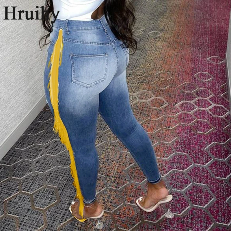 

Fashion Clothes Skinny Casual New Arrival Denim Pencil Pants for Women Yellow Tassel Personalized Pantalones Para Mujer