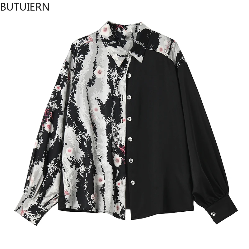 

Print Blouses Women Streetwear Loose Grunge Shirts 2021 Summer Fashion Patchwork Tie Dye Stylish Lapel Vintage New Blusas Tops