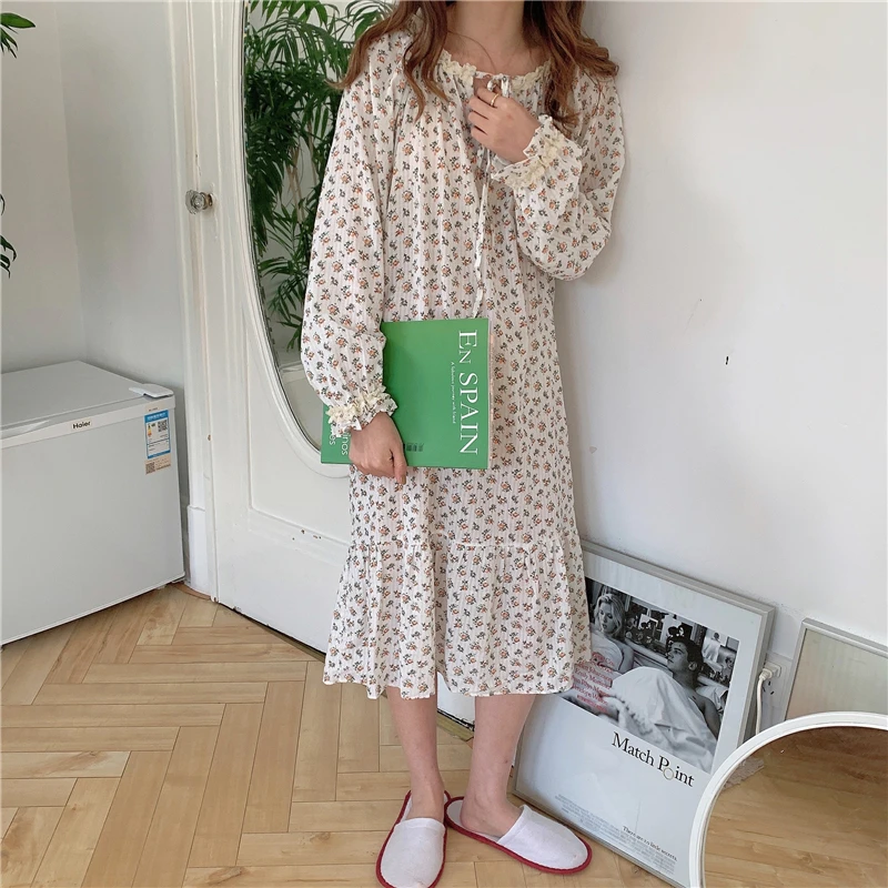

spring women nightgowns long sleeve ruffles floral print sleepwear nightdress casual lace 100% cotton soft sleepdress Y350