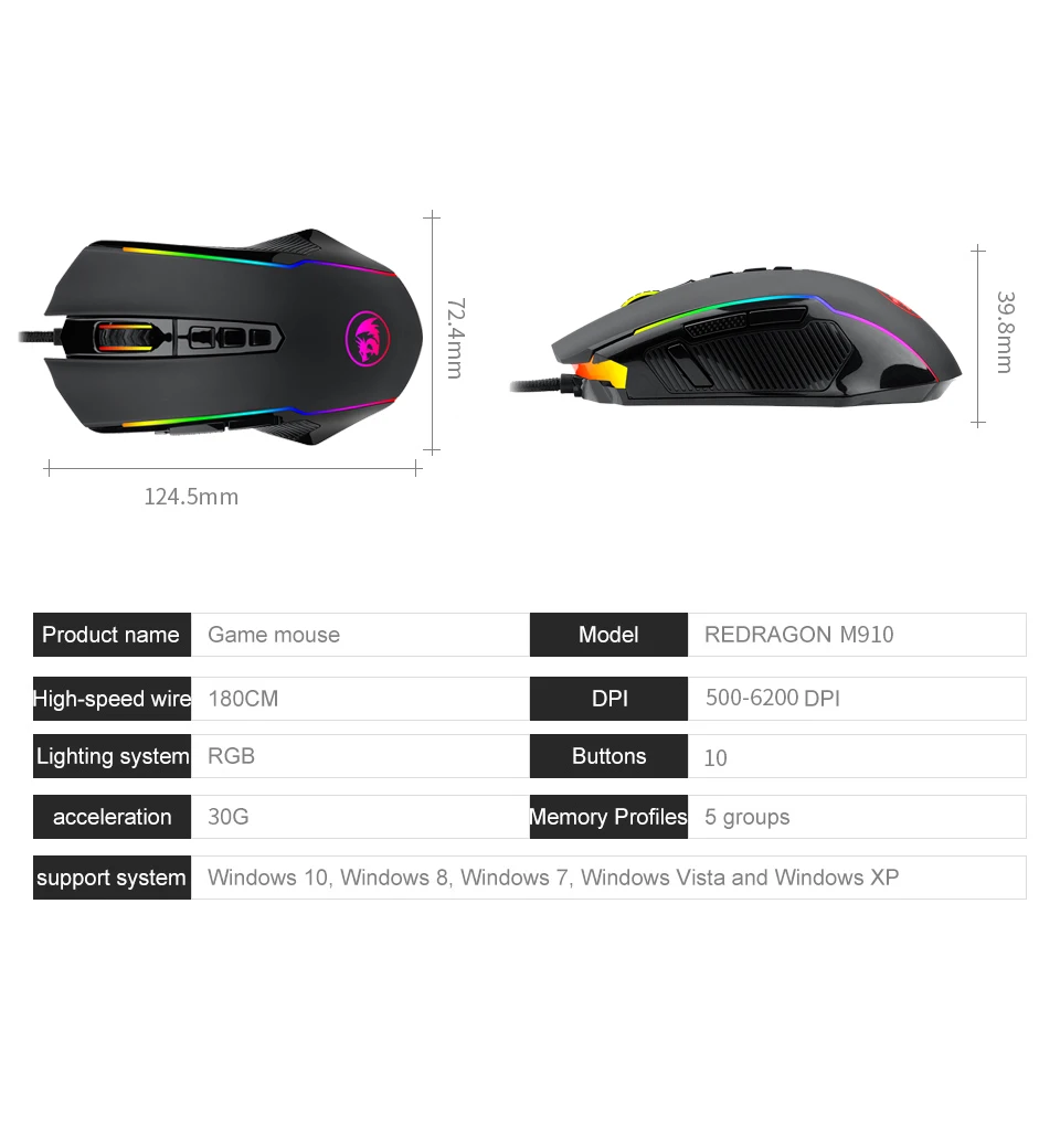 Игровая мышь Redragon M910 Chroma, высокоточная программируемая мышь с режимами RGB подсветки, настраиваемая до 12400 dpi