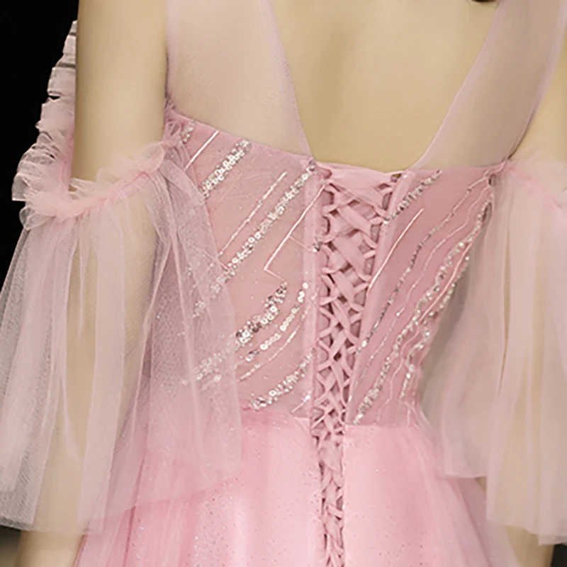 

Pink Evening Dresses Lace Half Sleeves O-Neck Plus size A-line Floor-length Elegant Simple Sequins Woman Formal Party Dress A294