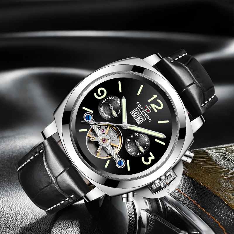 High Quality FORSINING Men Automatic Mechanical Watch Leather Strap Week Date Display Luminous Hands Wristwatches | Наручные часы
