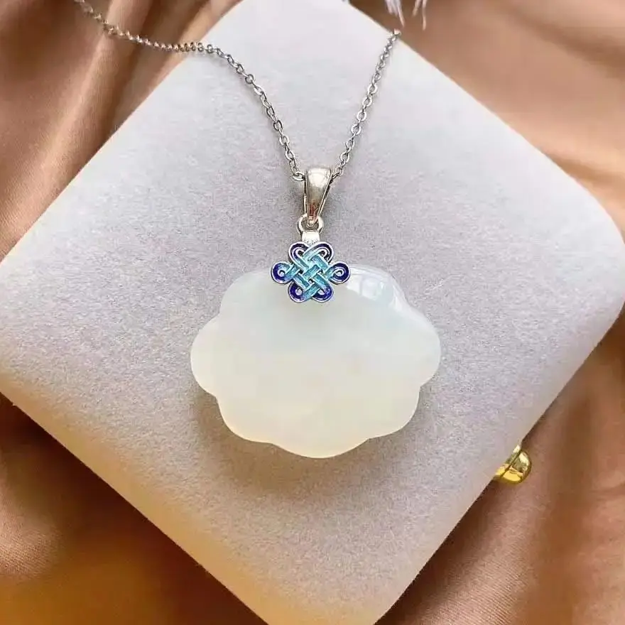 

Hetian Jade Necklace Women's Natural S925 Sterling Silver Burnt Blue Chinese Knot Pendant Women's Ruyi Safety Lock Long Life Ja