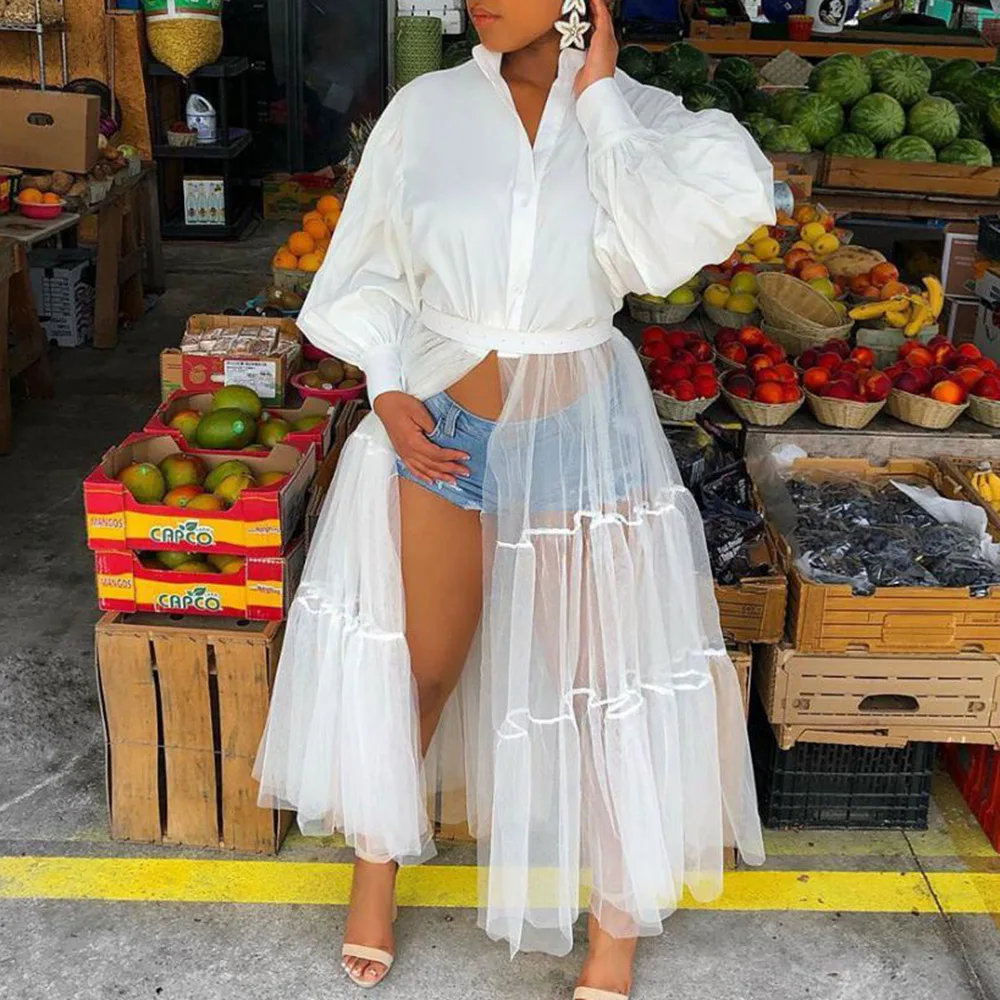 

Блузка для женщин с длинным рукавом 2021 новый туника с высокой талией сетчатые Patrchwork модная женская белая рубашка размера плюс вечерние клуб...