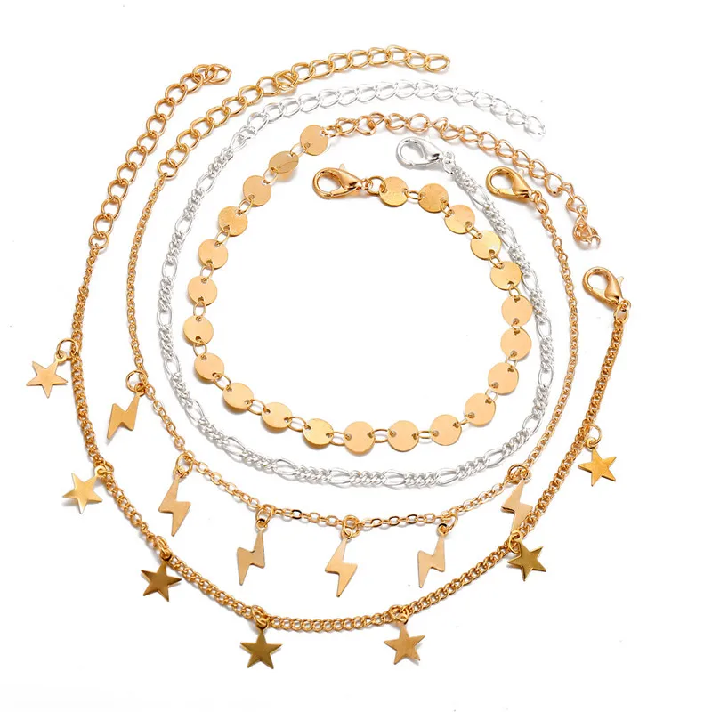 

1set Bohemian Gold Star Lightning Anklets For Women Multi-layer Chain Heart Alloy Anklet Summer Beach Jewelry Gift
