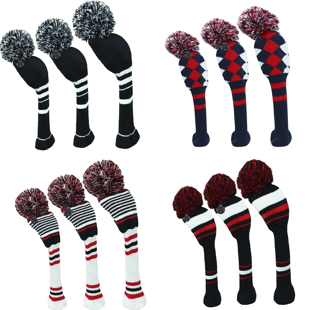 

New Pom Pom Knitted Golf Club Head Covers for Woods Driver Fairway Hybrid with Number Tag 3 5 7 Headcover