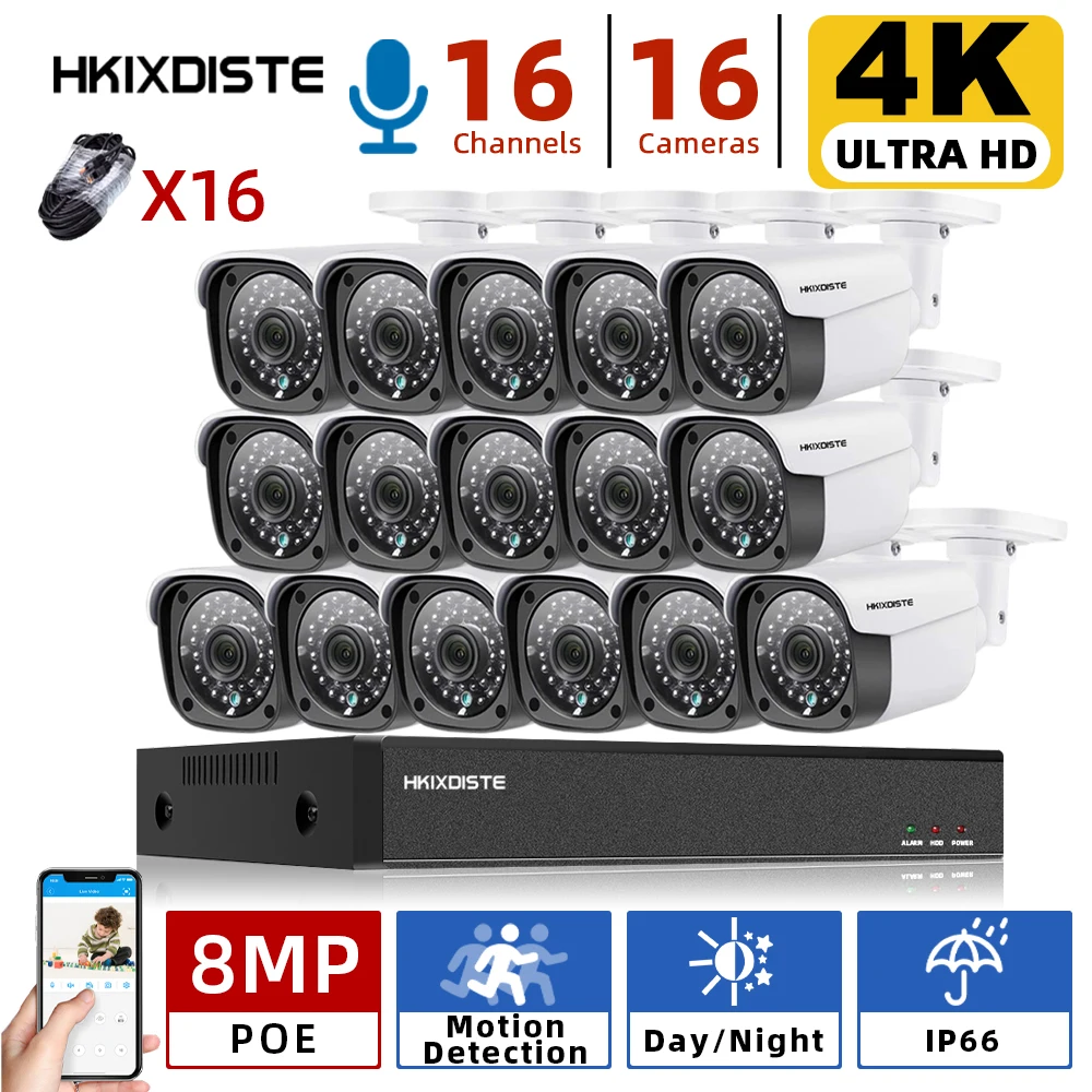 

Система видеонаблюдения H.265 + 16 каналов, 4K 8 Мп, POE, NVR, 8 Мп, водонепроницаемая аудиокамера для улицы, комплект видеонаблюдения с ИИ записью зву...