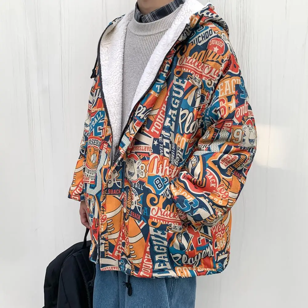 

Mens Hooded Winter Coat Graffiti printing Men New Casual Streetwear Cotton Windproof Warm Clothes Thick Fleece Warm Parkas Coats