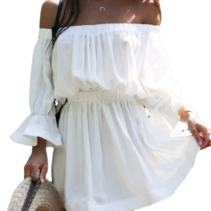 

New Spring Summer Solid Color One-neck Dress Ladies Stitching Fashion Slim Elegant Lace Commuter Dress 2021 Dresses for Women