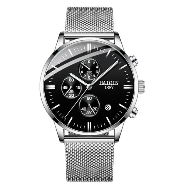silver black Новинка HAIQIN Модные кварцевые мужские часы лучший бренд класса люкс военные спортивные часы мужские наручные часы с сетчатым ремешком Relogio Masculino - Цвет: silver black