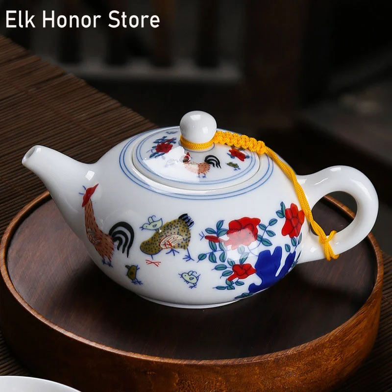 

200ml Retro Blue And White Teapot Hand Painted Gamecock Art Tea Pots Thin Porcelain Tea Maker Kung Fu Tea Master Pots Drinkware