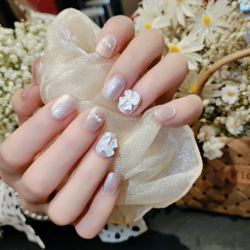 

24pcs Bow Fake Nail Patch Glue Type Removable Short Paragraph Fashion Manicure False Save Time Nails Patch CIN6 899