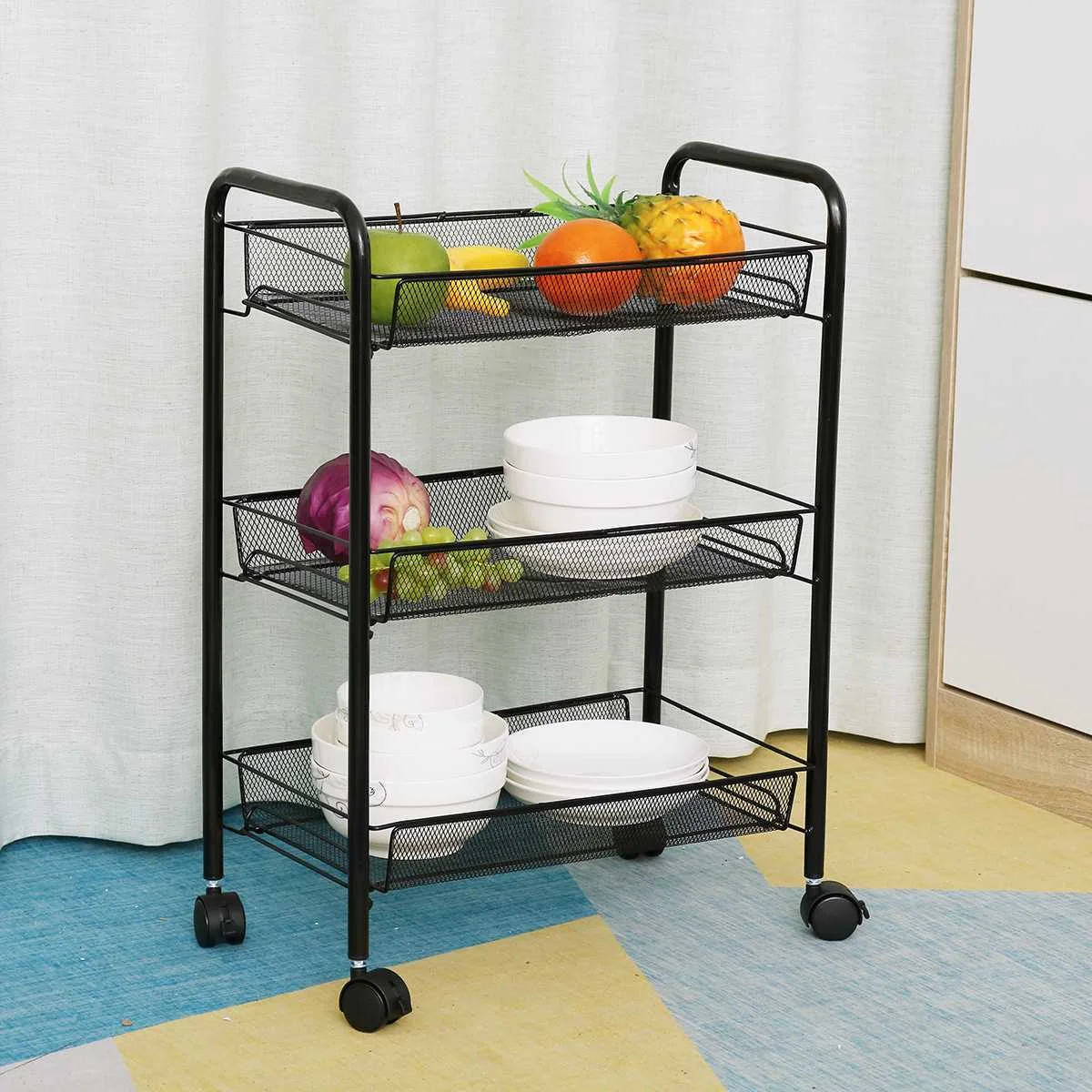 

3 Tiers Removable Storage Shelf Kitchen Trolley Living Room Bathroom Multi-layer Storage Rack With Wheels Space Saving Rack