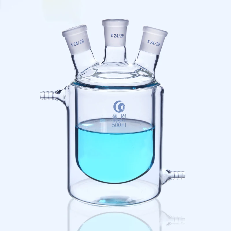 Lab Flat Bottom Three Mouth Glass Jacketed Reaction Bottle Laboratory Double-layer Reaction Flask