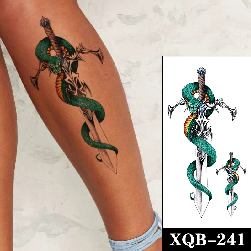 

Temporary Tattoo Stickers Watercolor Green Snake Jewelry Sword Totem Fake Tattoos Waterproof Tatoos Arm Leg Large Size Women Men